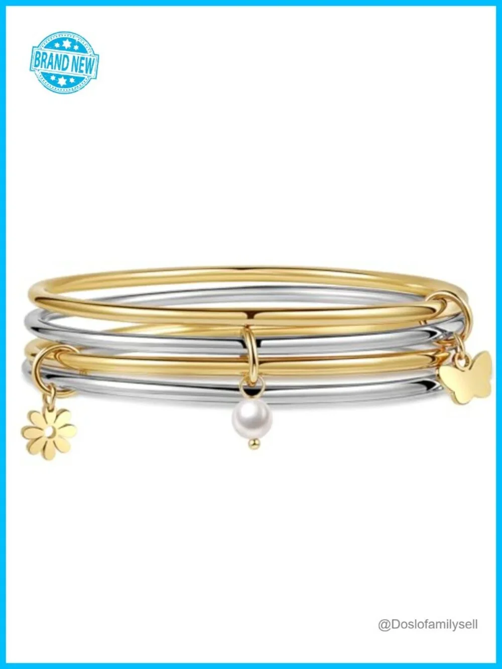 18K Gold Plated Bangle Set, 3MM Stainless Steel Wire, Butterfly Daisy Pearl